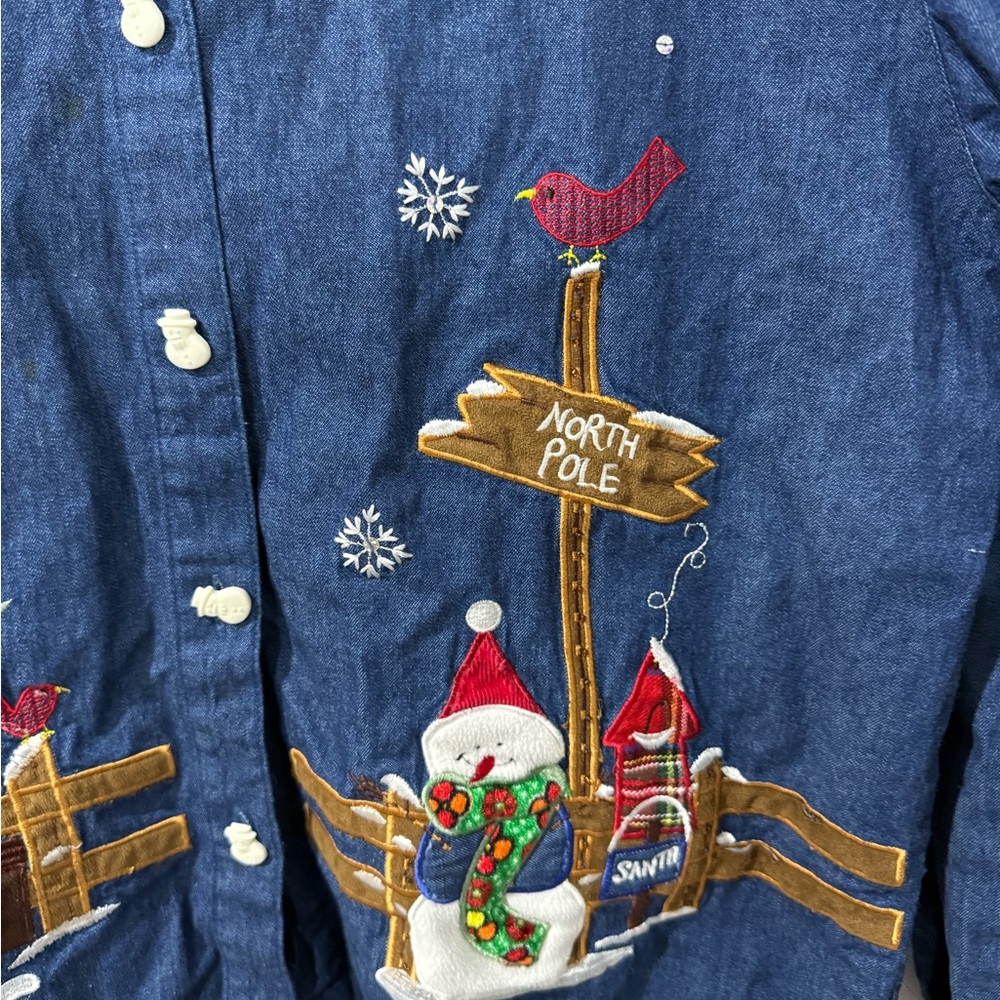 VTG 90s Tantrums Christmas Snowmen Embroidered Denim Flannel Button Down XL T - Picture 2 of 9